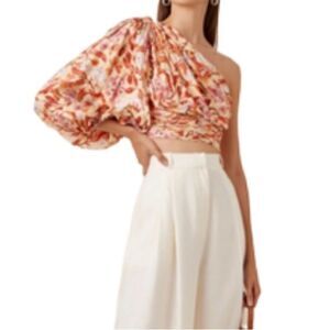 Amur Harley One Shoulder Cold Shoulder Silk Blouson Sleeve Floral Top